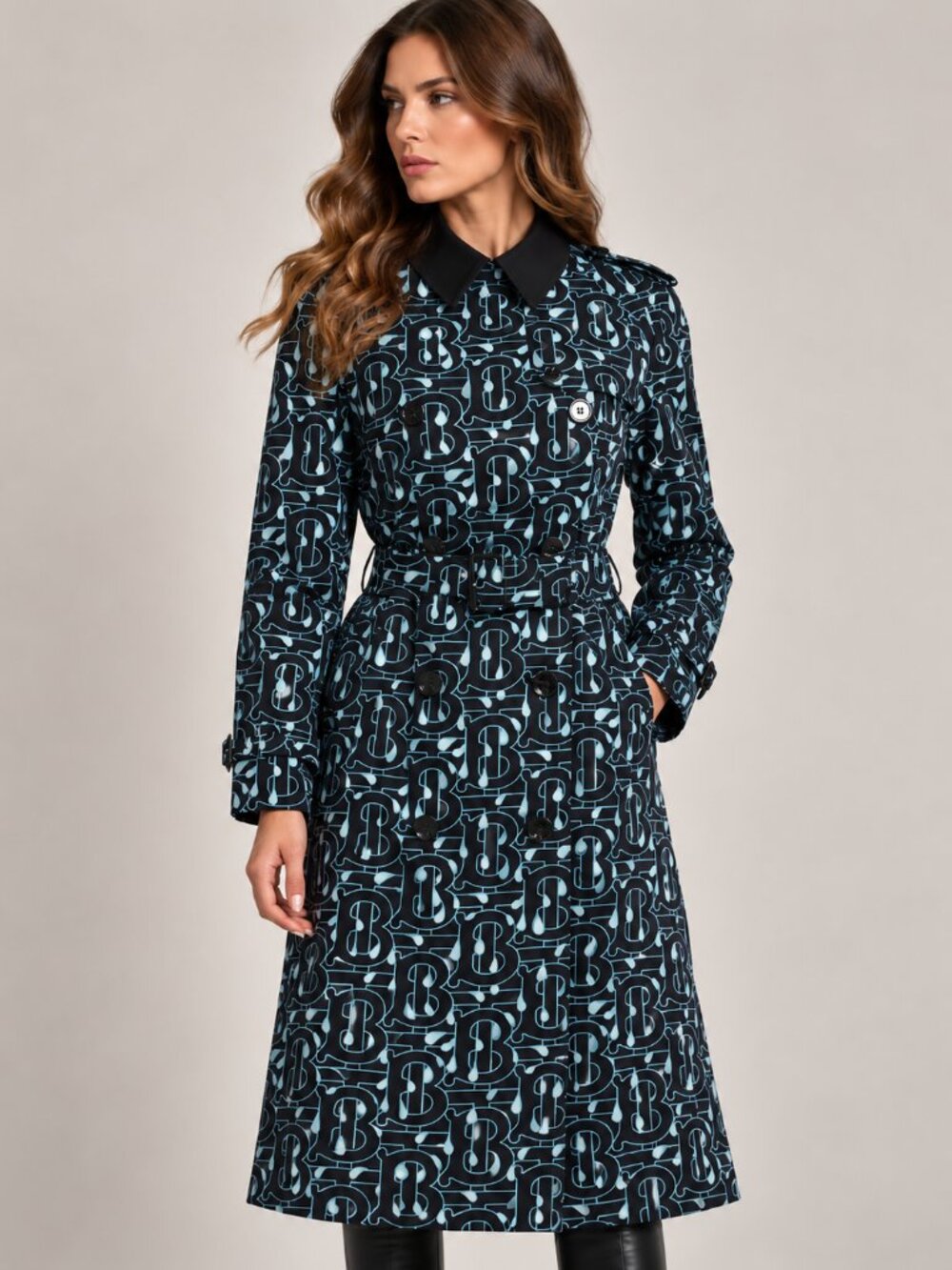 NWT  Burberry Women’s Blue Graphic Print Long Trench Coat Size XS